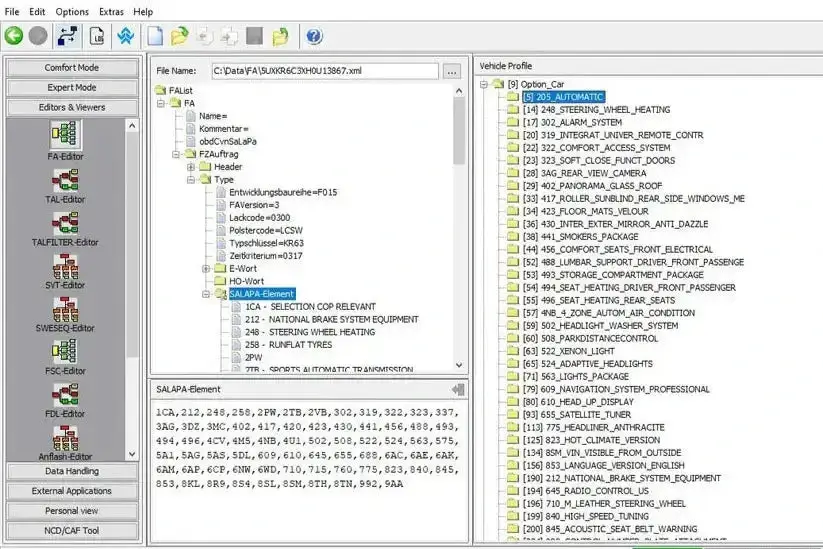 Genuine OEM FA Vehicle Order XML file shown in E-Sys and ISTA+ software for BMW coding