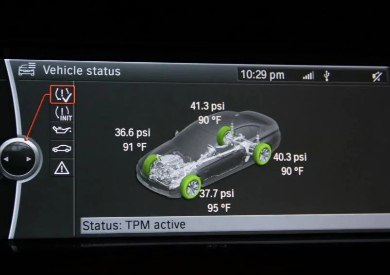bmw tire temperature monitoring display on idrive screen showing live data